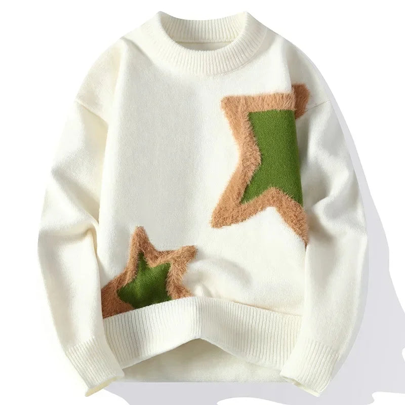 Men's Casual O-Neck Knitted Pullover Sweater with Cartoon Pattern