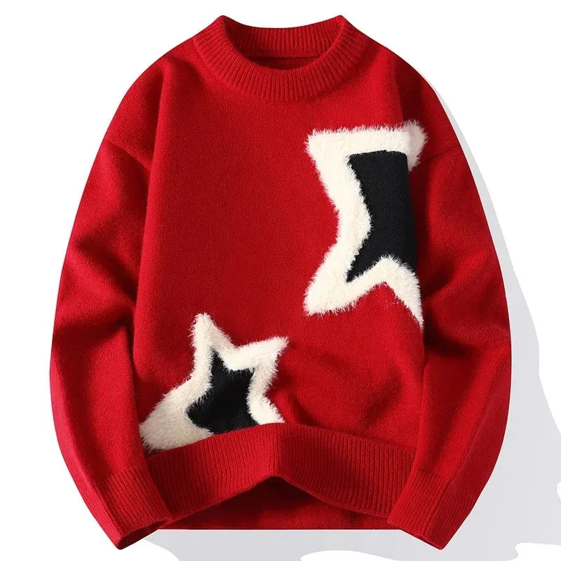 Men's Casual O-Neck Knitted Pullover Sweater with Cartoon Pattern