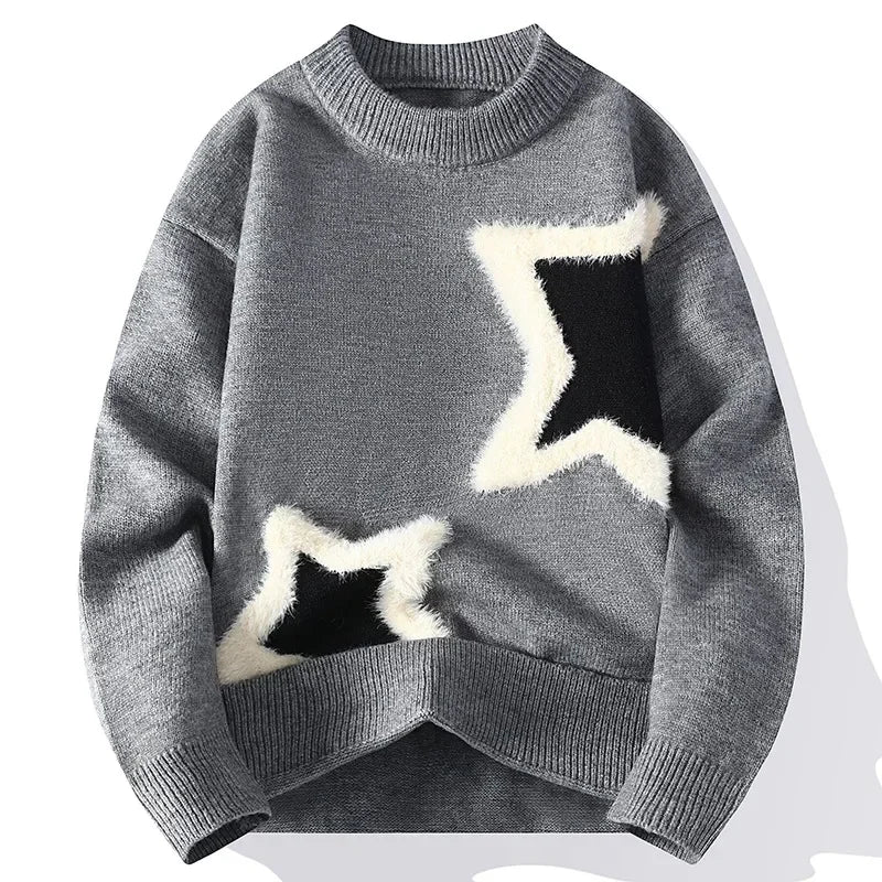 Men's Casual O-Neck Knitted Pullover Sweater with Cartoon Pattern