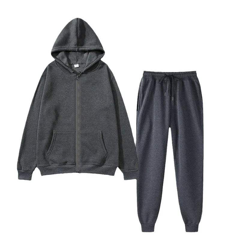 Unisex Solid Color Sportswear Set - Hooded Cardigan & Sweatpants