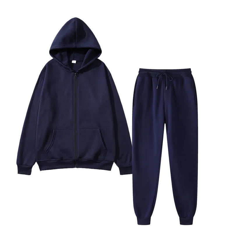 Unisex Solid Color Sportswear Set - Hooded Cardigan & Sweatpants