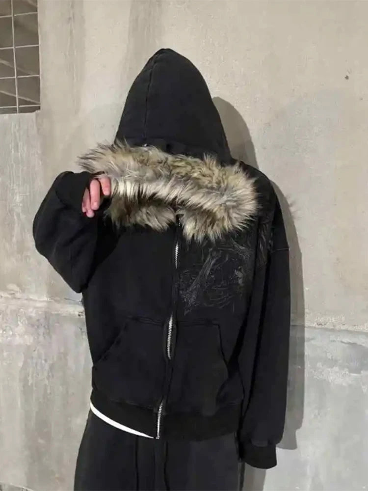 Y2K Unisex Hooded Sweatshirt Jacket with Geometric Pattern