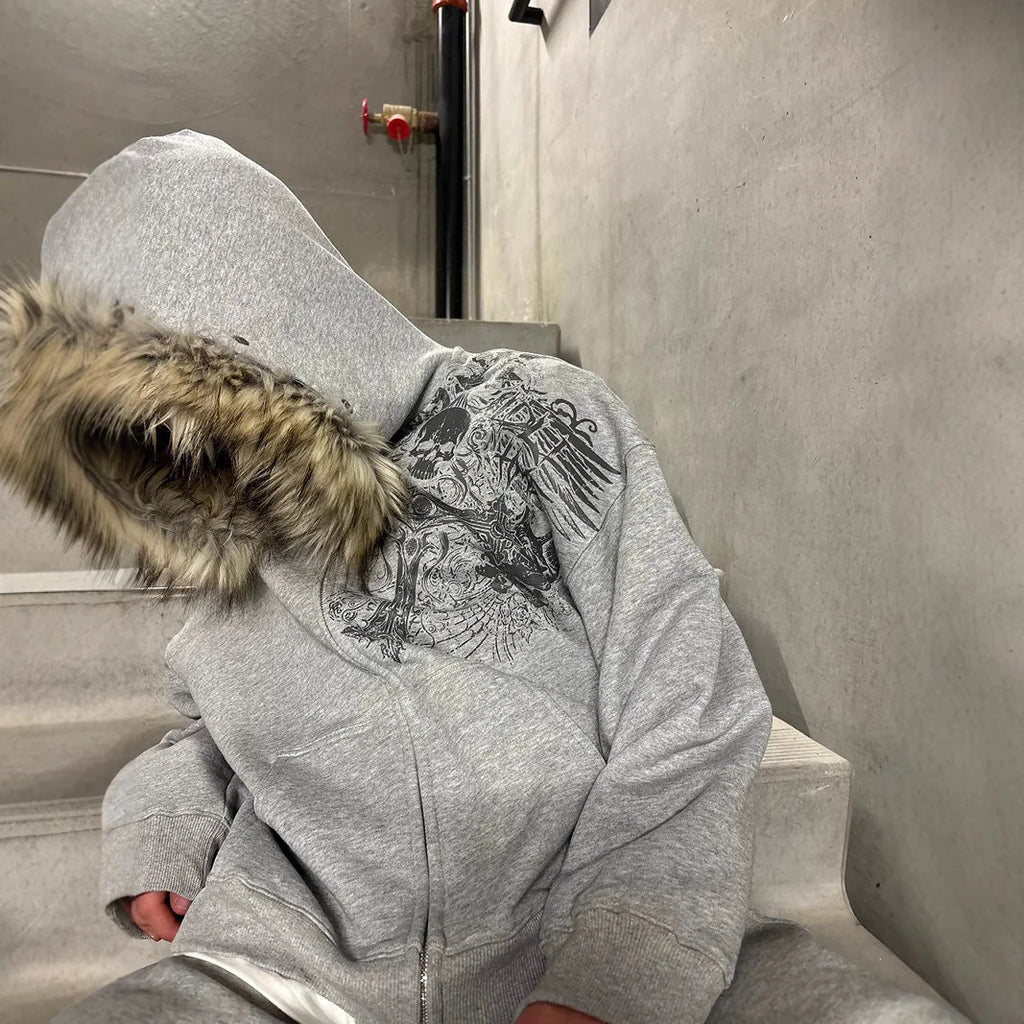 Y2K Unisex Hooded Sweatshirt Jacket with Geometric Pattern